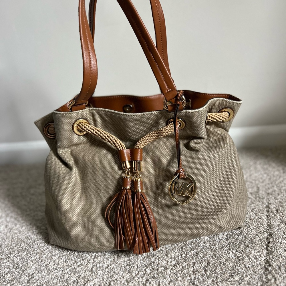 Michael Kors Tan and Brown Shoulder Bag with Leather Trim